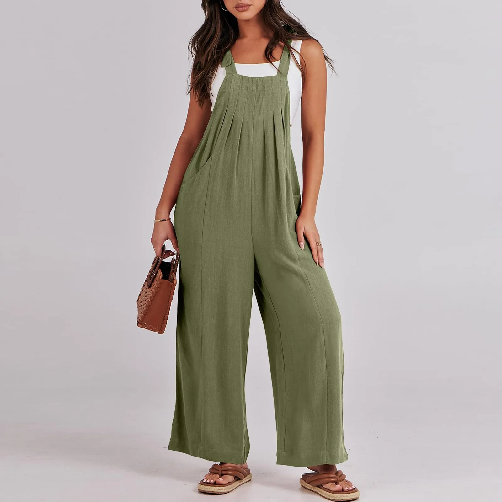 Women's Loose Jumpsuit Casual Loose Sleeveless Adjustable Tie Straps Bib Wide Leg Rompers With Pockets Female Streetwear