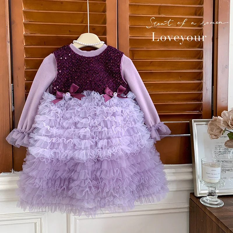 Girls' Autumn and Winter New Purple Stylish Bow Sleeveless Color-Block Fleece-Lined Base Two-Piece Set