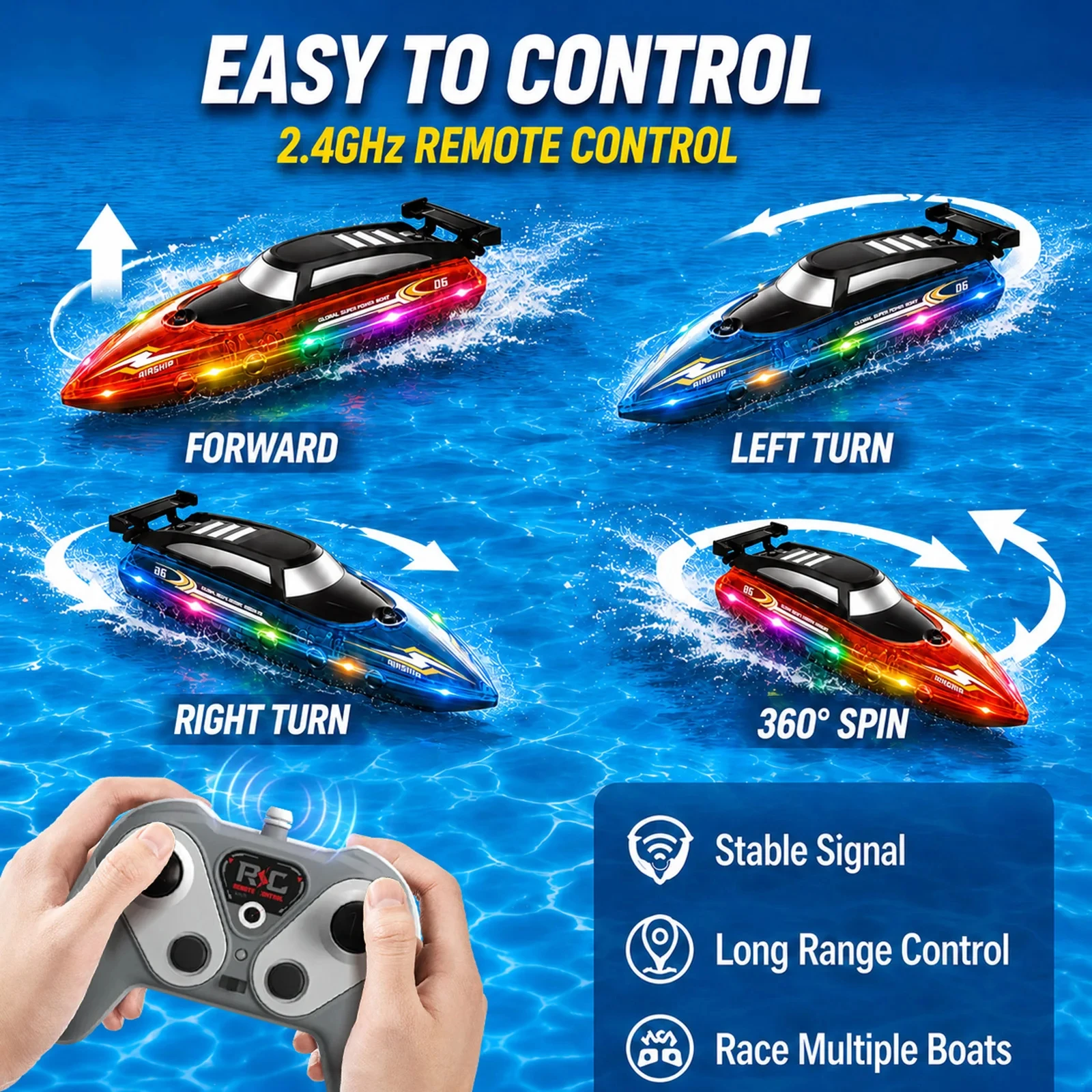2.4GHz Light Remote Control Boat Medium High-Speed Speedboat Sailing Boat Model Electric Birthday Yacht Kids Outdoor Toy Gift