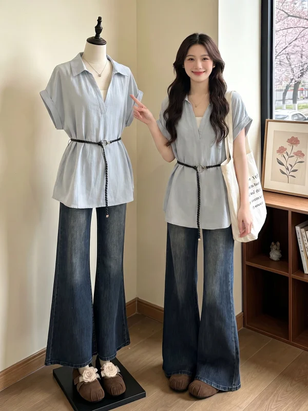 

Blue V-Neck Short Sleeve Shirt Women's plus Size Belted Waist In-Style Summer New Arrivals Korean Loose Fit Office Wear
