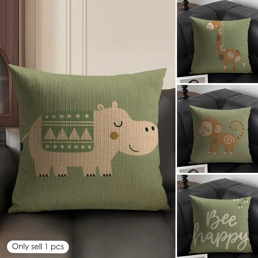 Cute Animal Designs Cushion Cover Natural Linen Organic Fabric Double Sided Print Sofa Pillow Case Home Decor Gift