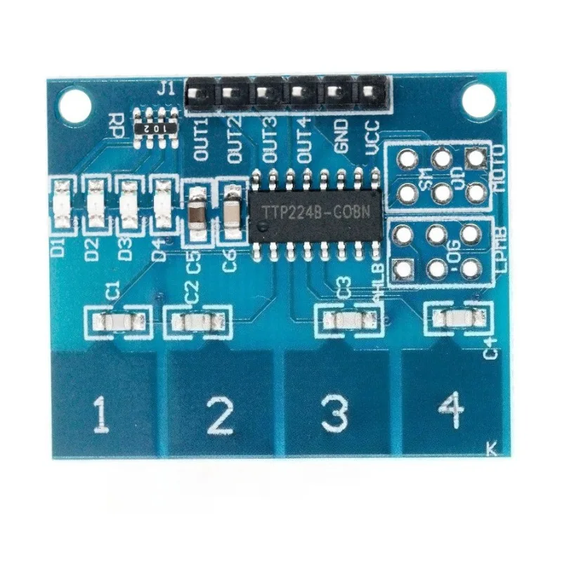 Moduł dotykowy pojemnościowy TTP224, 4-kanałowy |   Wysokoczuły przełącznik dotykowy z zabezpieczeniem przed przypadkowym dotknięciem |   Czujnik cyfrowy dla Arduino Raspberry