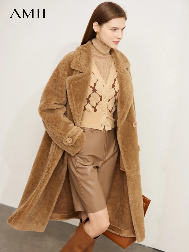 Amii Fur Coat 2026 Winter New Warm Office Lady Turn-Down Collar Full Wool Outerwears Straight Double-breasted Coat 12554013
