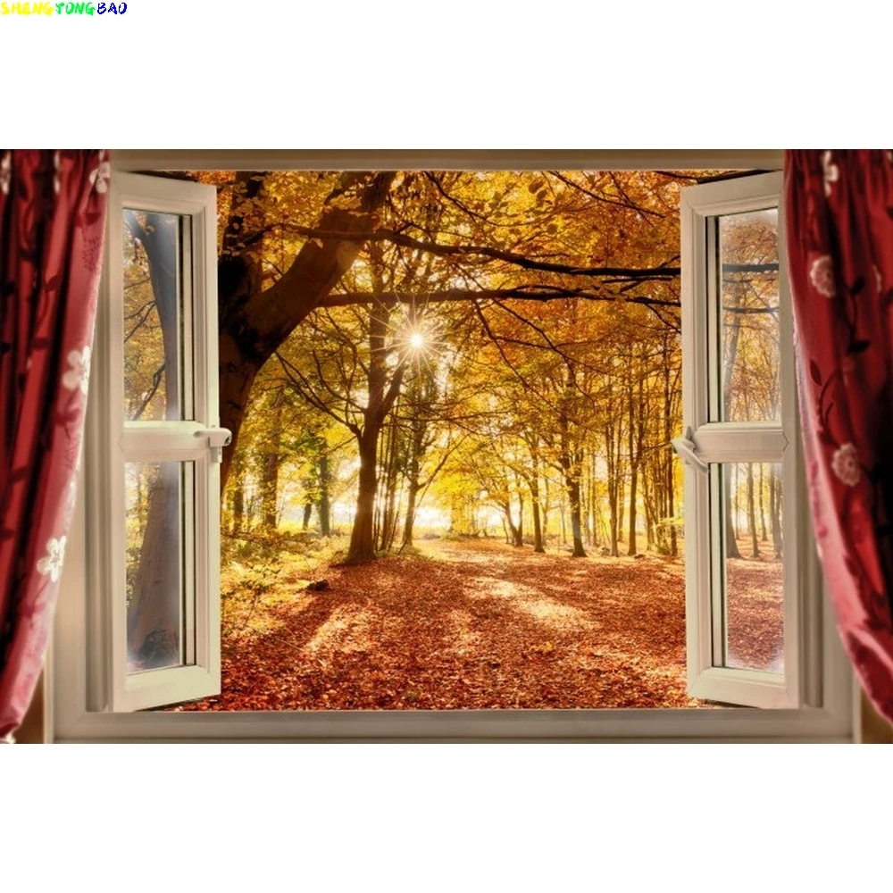 

Autumn Farm Forest Window Curtain Baby Portrait Backdrop Photography Vinyl Photographic Background Photophone Photo Studio