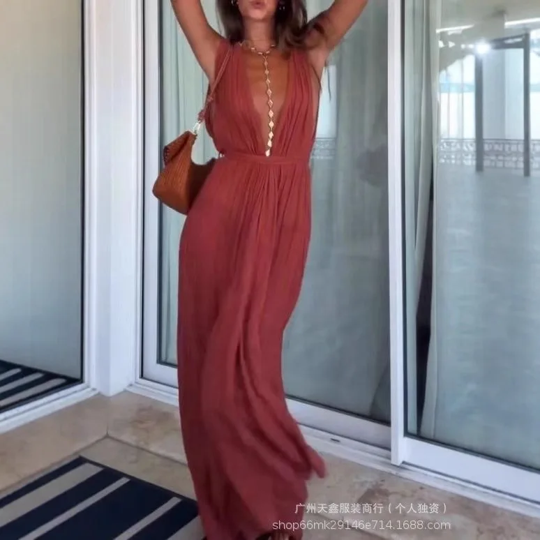 بدلة قفز طويلة مثيرة بفتحة رقبة شكل v عميقة بدلة نسائية أنيقة عالية الخصر بلون واحد موضة صيف 2026 بدلة لعب فضفاضة للحفلات