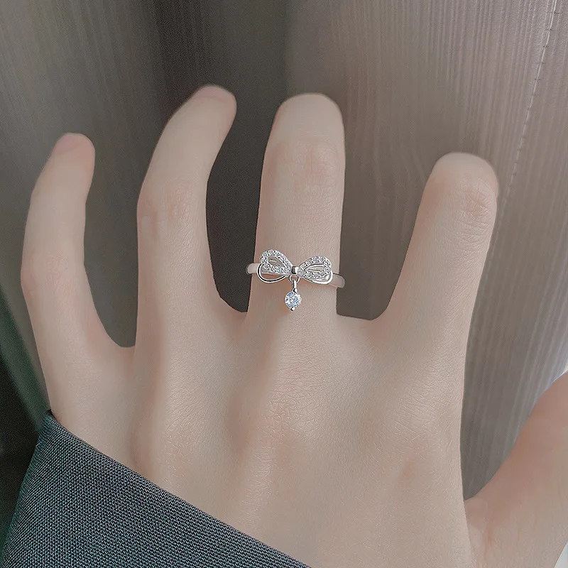 

New 925 Sterling Silver Bow Shape Ring Simple Charming Women Ring Birthday Party Gift Exquisite Jewelry