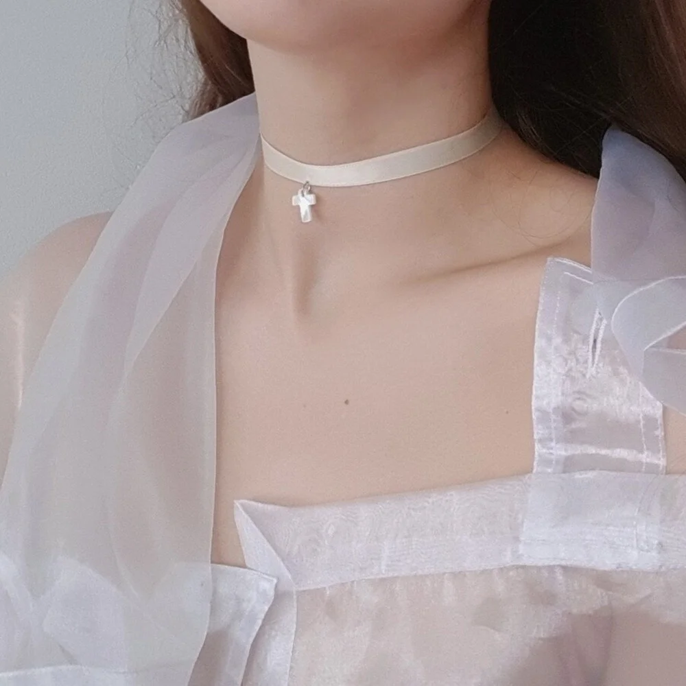 Vintage Simple White Silk Ribbon Necklace For Women Girl Fashion Boho Cross Artificial Pearl Pendant Choker Baroque Jewelry Gift