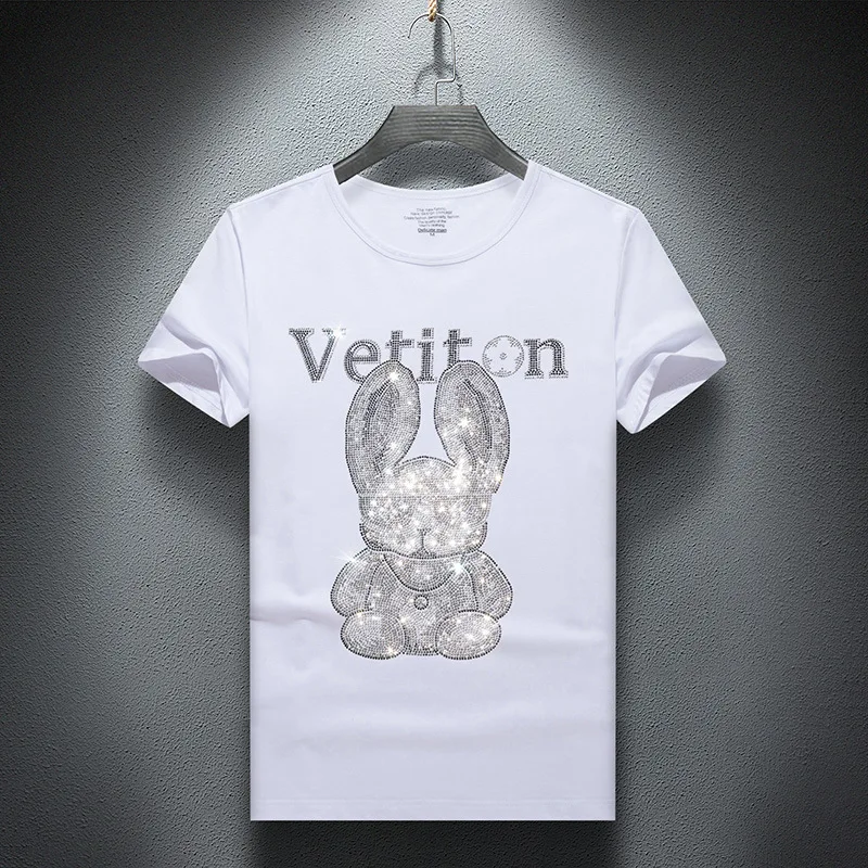 Cartoon Rabbit Letter Rhinestones T Shirt Men Summer Tops Fashion Streetwear Short Sleeve O Neck Slim T-shirts Man Plus Size 7XL