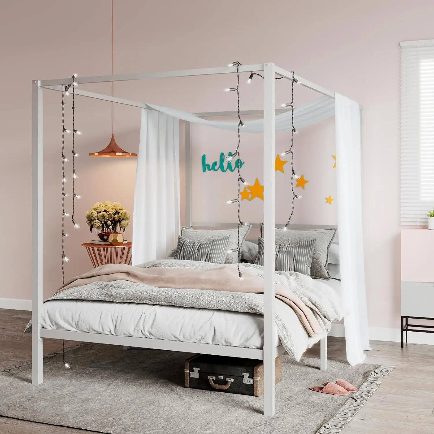 

Canopy Bed Frame Full Size/Mattress Foundation with Metal Slats Support/No Box Spring Needed/Easy Assembly/White