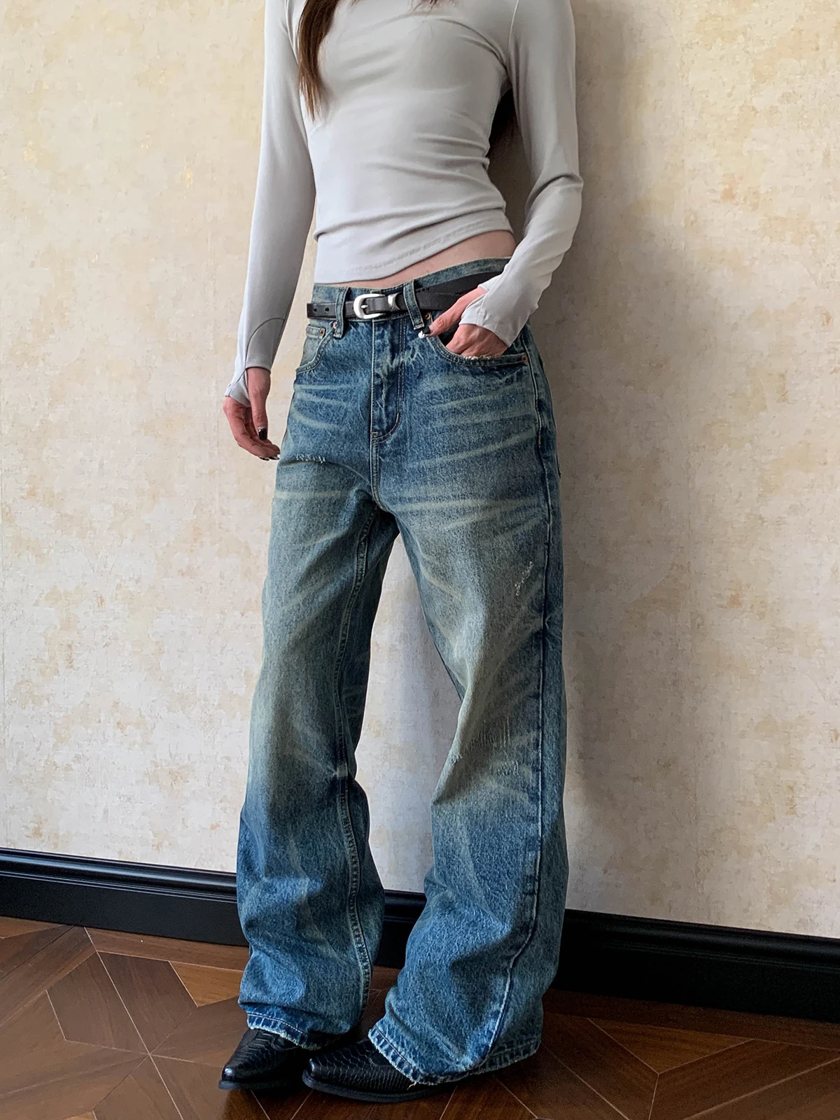 

Джинсы Aket American Style Vintage Washed, свободные, прямого кроя, длинные брюки с эффектом потертости, повседневные, удобные, дышащие