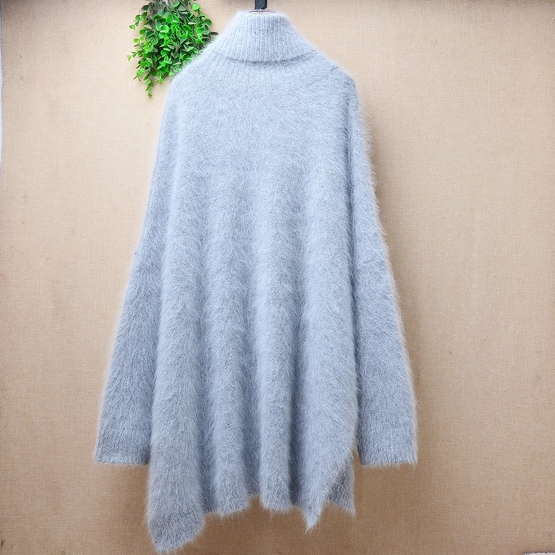 Women Mujer Autumn Winter Clothing Grey Hairy Angora Rabbit Hair Knitetd Long Sleeves Split Loose Turtleneck Pullover Sweater