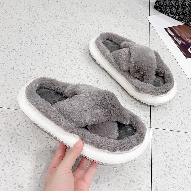 2023 Winter New Plush Women Sliipers Fashion Fur Warm Women's Shoes Open Toed Casual Female Flip Flops Zapatos De Mujer