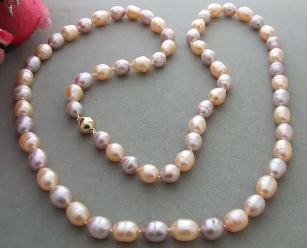 Hand knotted 9-10mm pink and purple rice freshwater cultured pearl necklace 86cm fashion jewelry