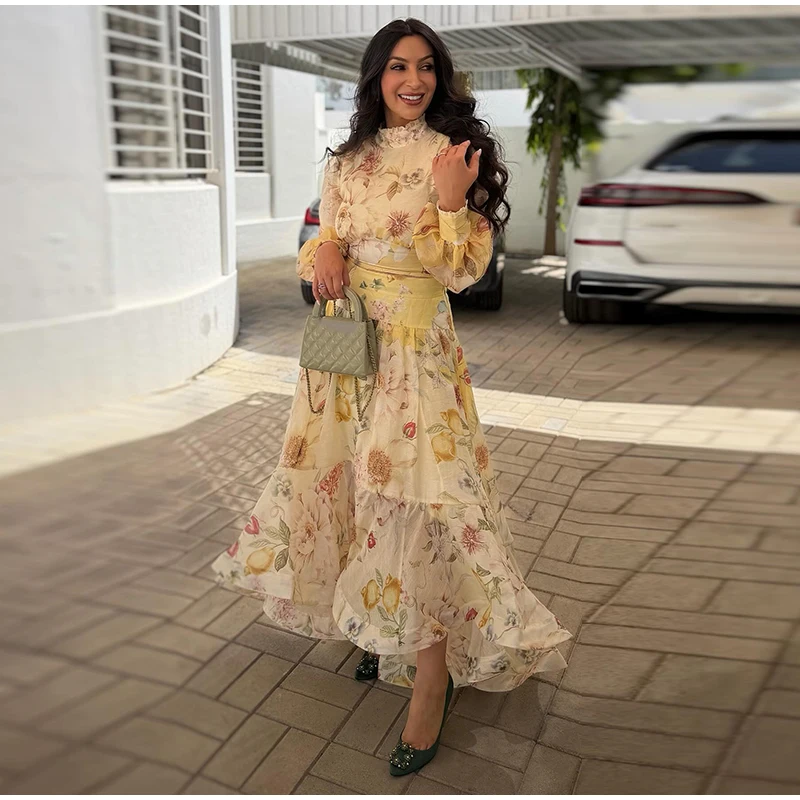 Elegant Floral Printed Women's Dress Stand Collar Full Puff Sleeve A-line Long Dresses 2026 Summer Vacation Party Lady Robes
