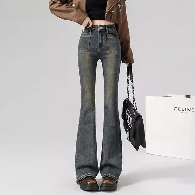 

Тонкие расклешенные джинсы с высокой талией для девочек, женские шикарные модные прямые брюки, женские корейские повседневные джинсовые брюки