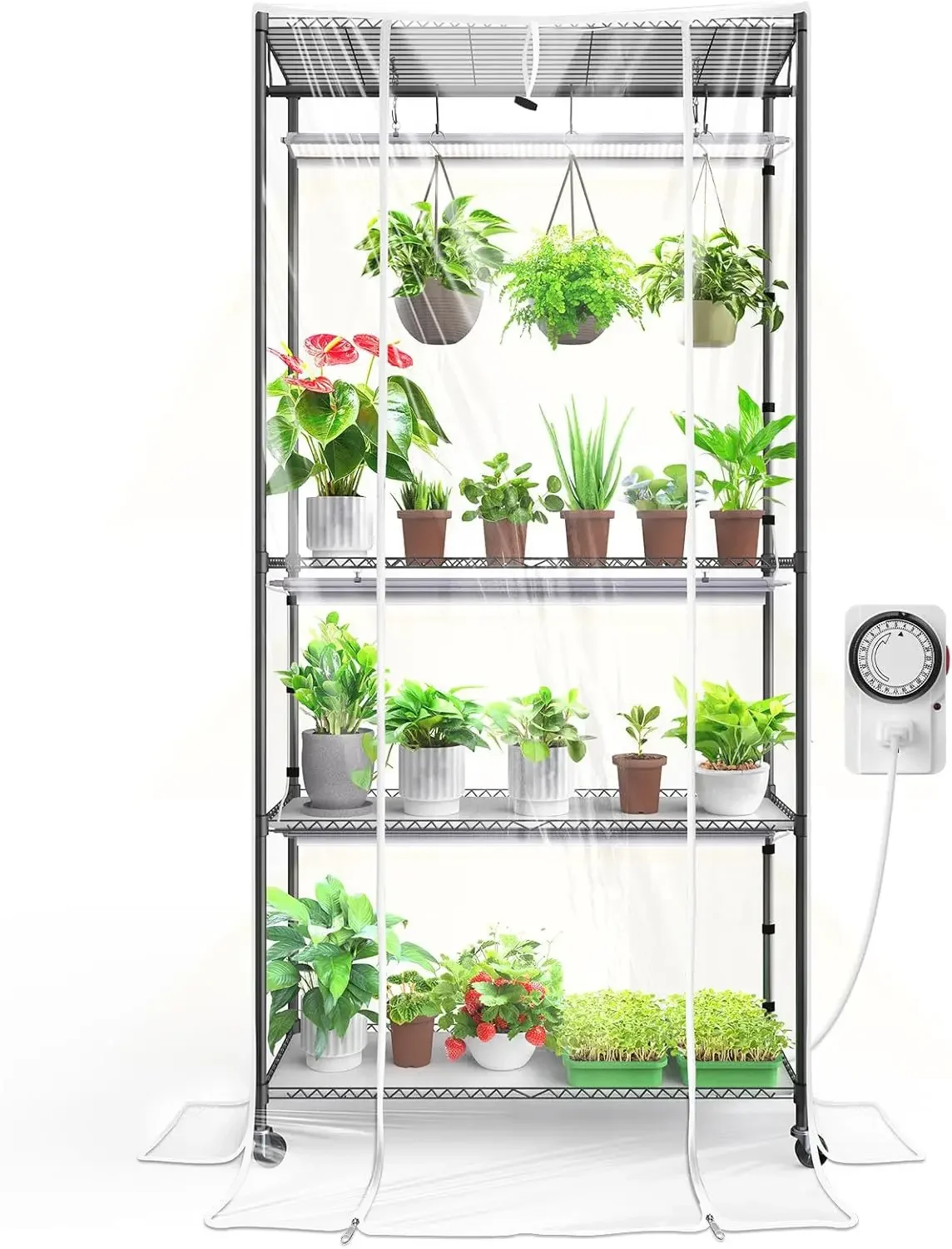 Indoor greenhouse with growth lamp, 4-layer metal plant support, with zipper cover