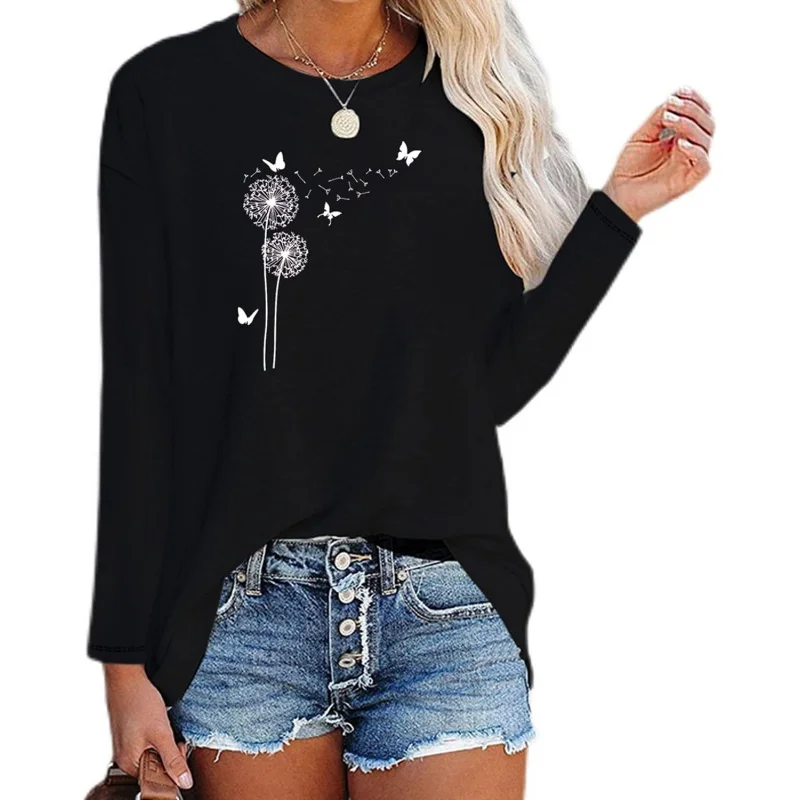 Women's T-Shirt Flower Pattern Autumn Long Sleeved Shirt Sweater Coat Black