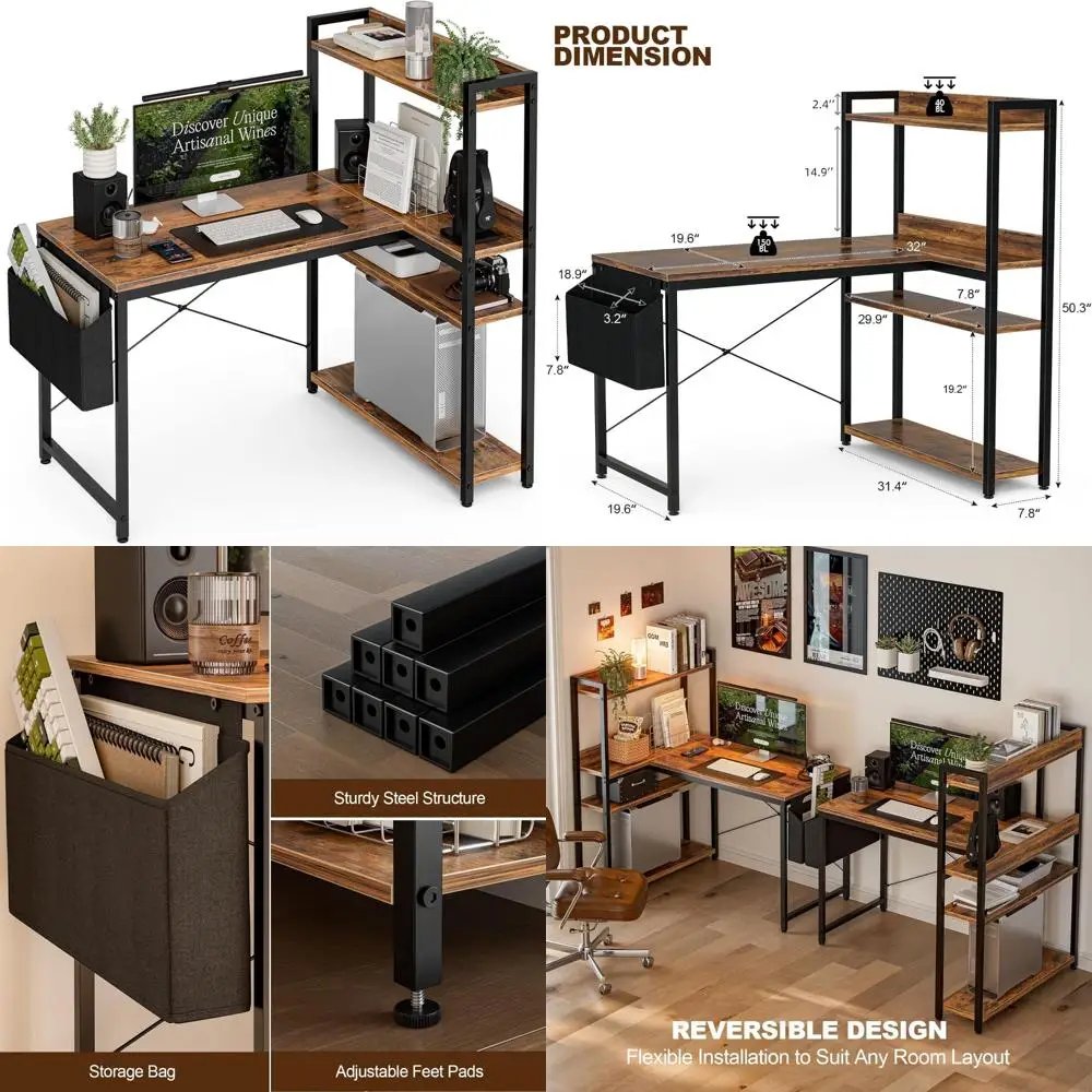 40 Inch Corner Computer Desk with Reversible Storage Shelves for Home Office and Study