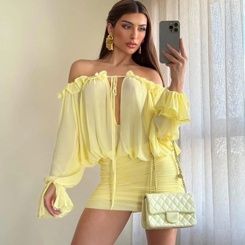 

Ticketsx Sexy Solid Long Sleeve Dress Women's Off Shoulder Lace up Ruched Mini Dresses Summer Ruffles Elegant Prom Clothes