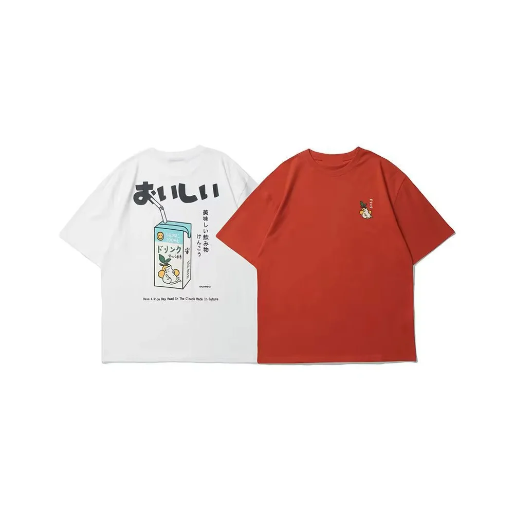 

2025 Summer Orange Juice Soda Print Japanese Styles Retro Cotton T-shirt Loose For Women's Fashion Casual Oversized Tops