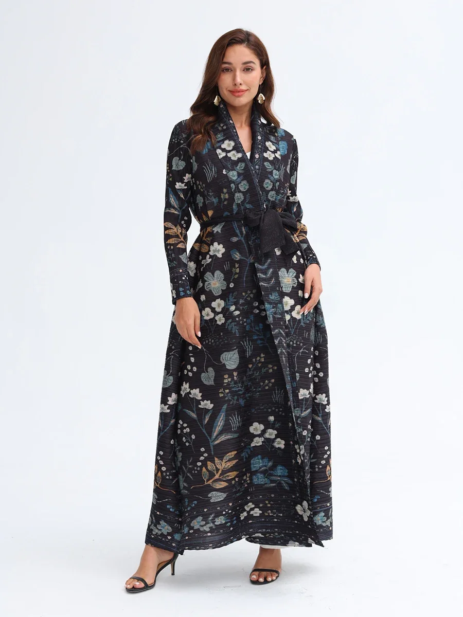 Miyake Plissee Abaya Umlegekragen Vintage Gedruckt Langarm Kleid Frauen 2025, Neue Designer Abayas Mode Lange Lose Mantel