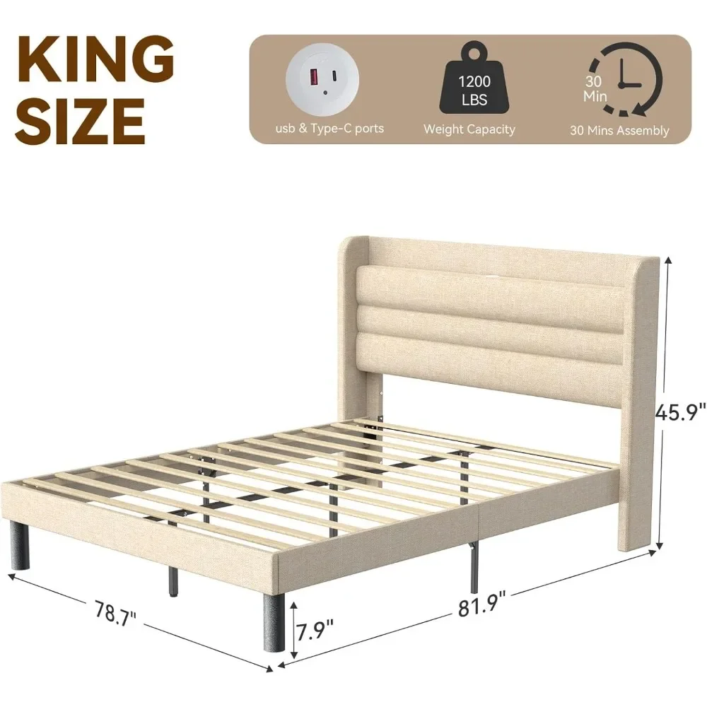 Marco de cama tamaño King con estación de carga, puertos tipo C y USB, con estante de cabecera de almacenamiento Wingback resistente, no necesita somier