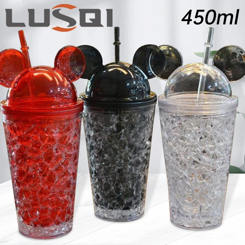 

1pc 450ml Cute Juice Crushed Ice Cup Plastic Double Layer Refrigeration Straw Cup Adult Summer Ice Cool Cup Student Handy Cup