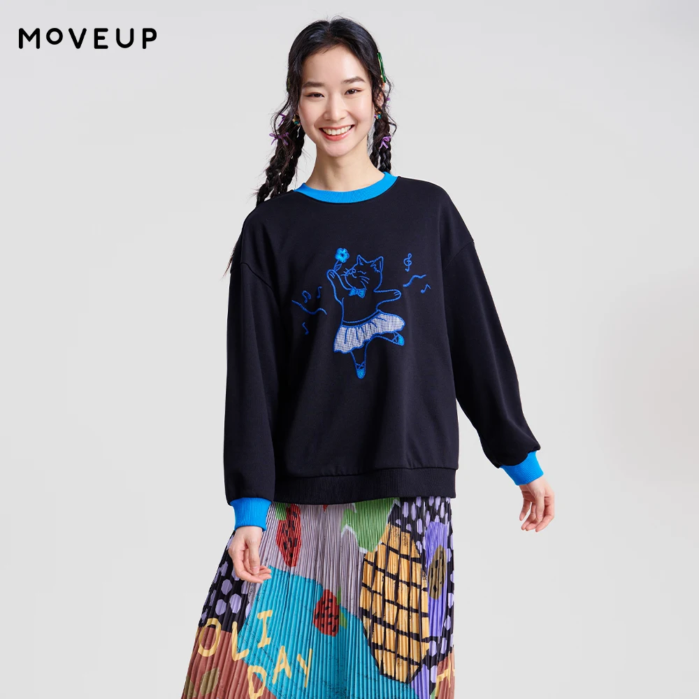 MOVEUP Long Sleeved Round Neck Sweatshirt 2026 Spring New Dance Kitten Embroidered Contrasting Cuffs Tops For Women 3ELC11423