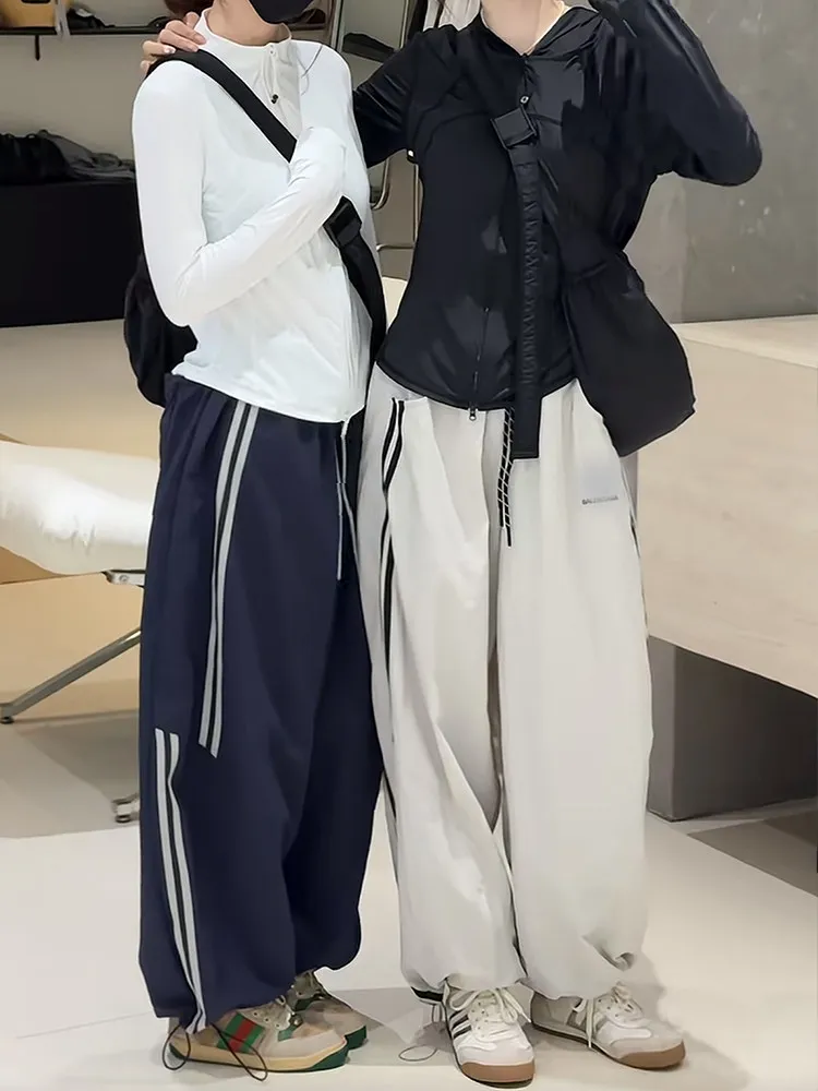 

Casual Loose Wide Leg Pants Women's Summer 2026 New Fashion Simple Sport Long Trousers Double Bar Stripe Straight Cut Pants