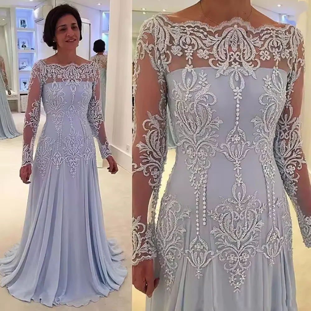 Plus Size Kleider für die Brautmutter, A-Linie, lange Ärmel, Chiffon, Spitze, Perlen, lange Kleider für die Brautmutter für Hochzeiten