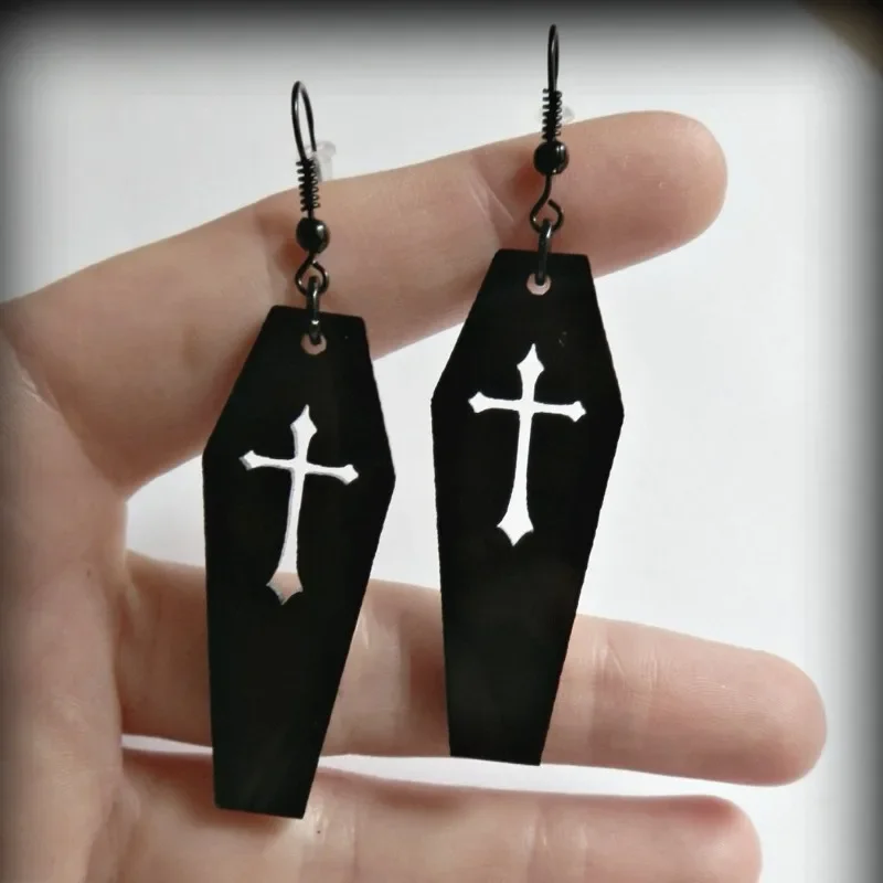 Gothic Death Cross Cutout Vampire Coffin Earrings for Women 2024 New Goth Punk Black Color Jewelry Y2k Accessories Party Gifts