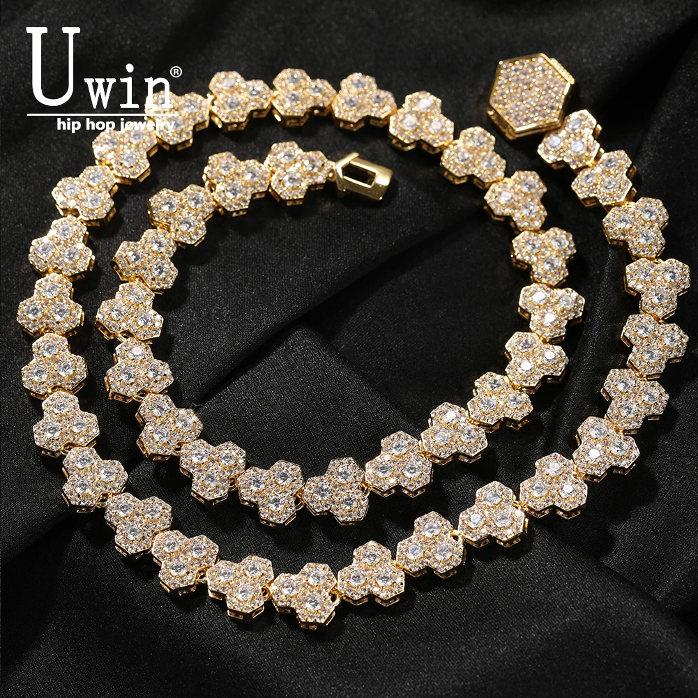 

UWIN Honeycomb Chain 10mm Necklace Full Iced Out CZ Inlay Luxurious Round Cut Tennis Link Choker HipHop Jewelry