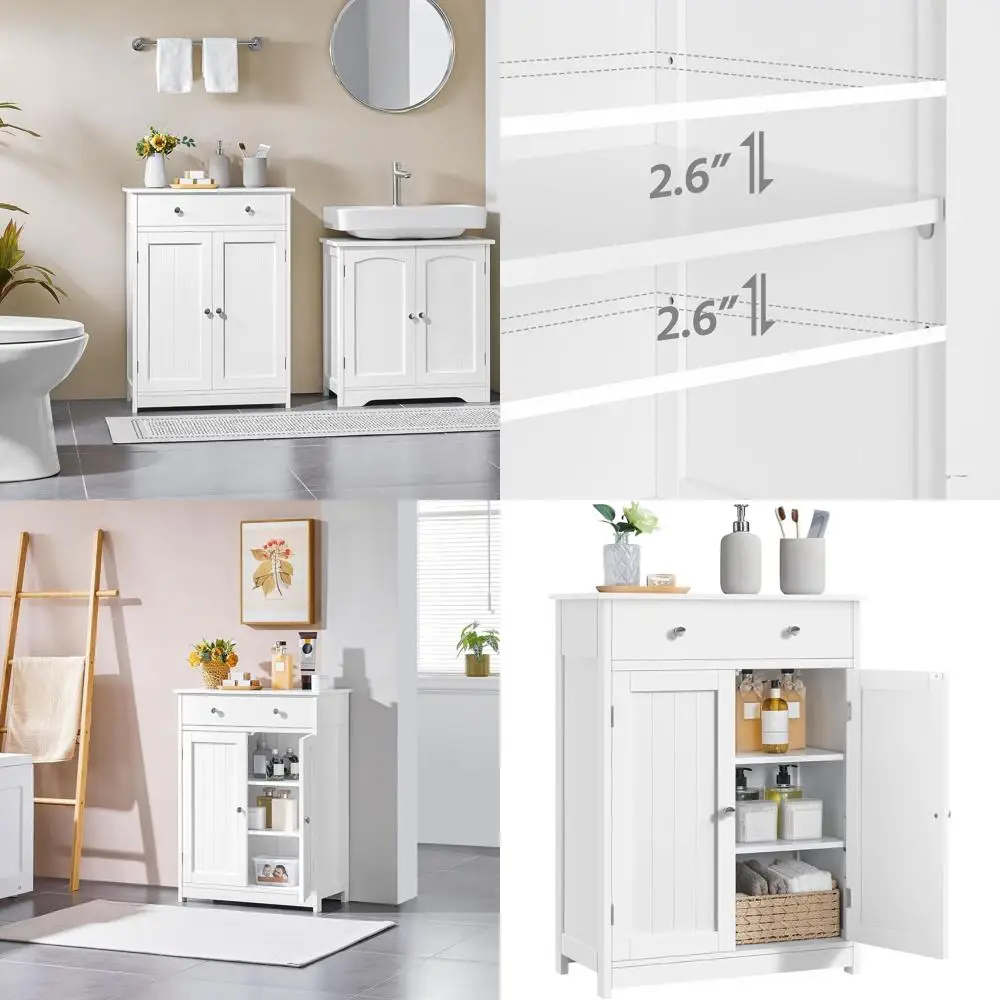 

White Wooden Storage Cabinet with 1 Drawer and 2 Doors for Living Room, Entryway, and Small Spaces