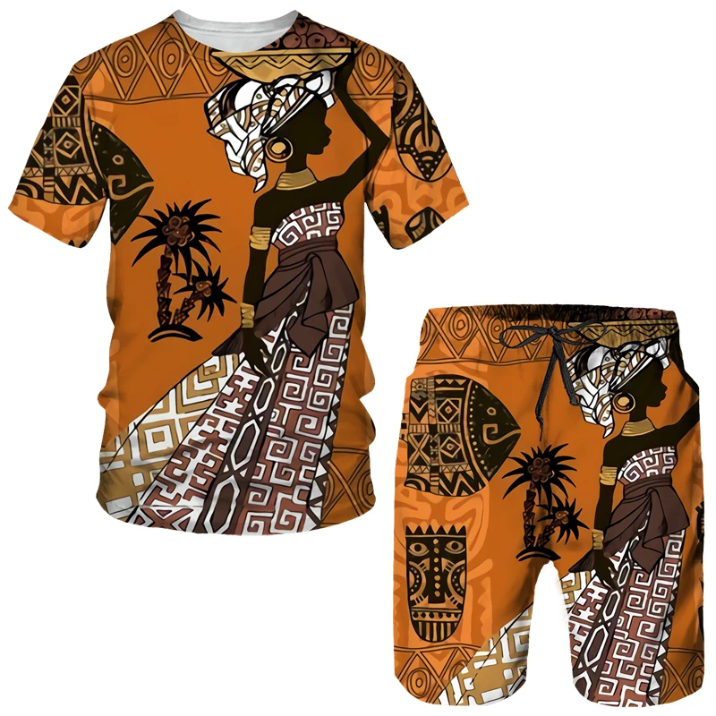 African Girls 3D Print Ethnic Style Kids Sets Fashion T-Shirts Beach Board Shorts Tees Tops Vintage Boys Girls Sportswear Suits