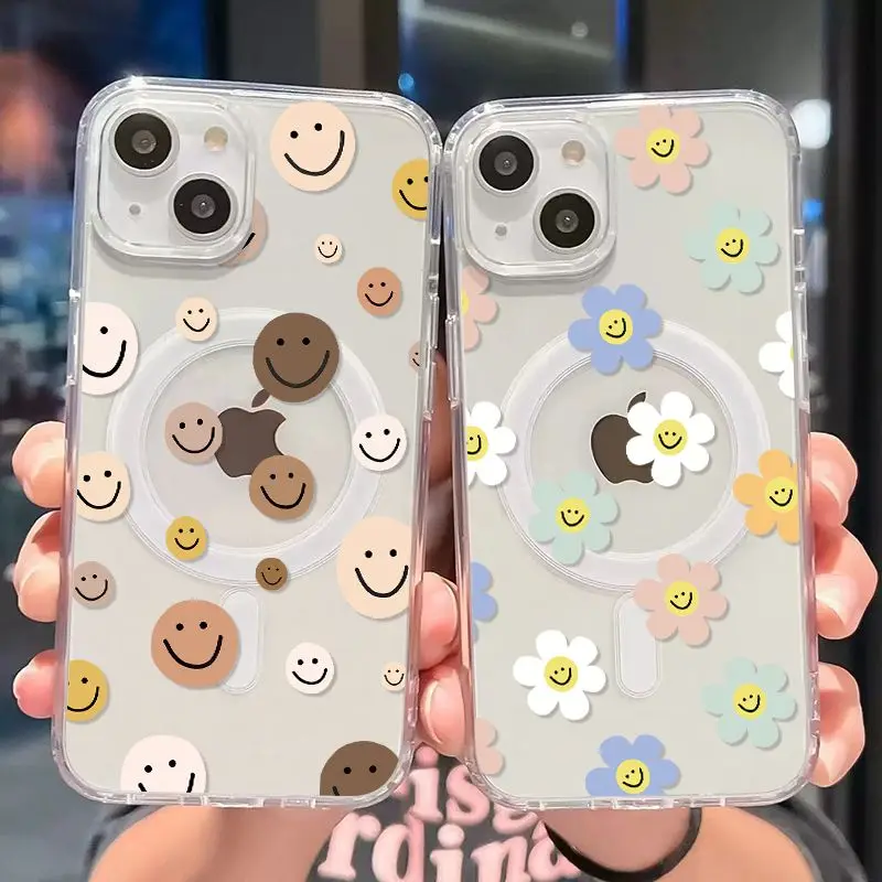 シンプルな Y2K かわいい笑顔の花磁気電話ケース iphone 16 E 15 14 13 12 11ProMax プラスミニクリエイティブ保護カバー