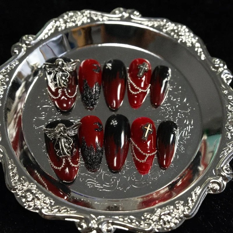 

10PCS Gothic Medium Almond Handmade Press on Nails Dark Red French Diamonds Decor False Nails Sweet Cool Fake Nails Spice Girls
