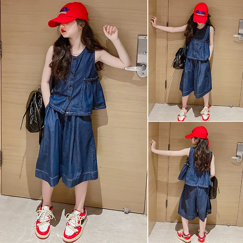 

summer teenage girls clothes set pleated vest coat+denim Wide leg pants 4-15 2pcs kid suit children outfit vetement enfant fille