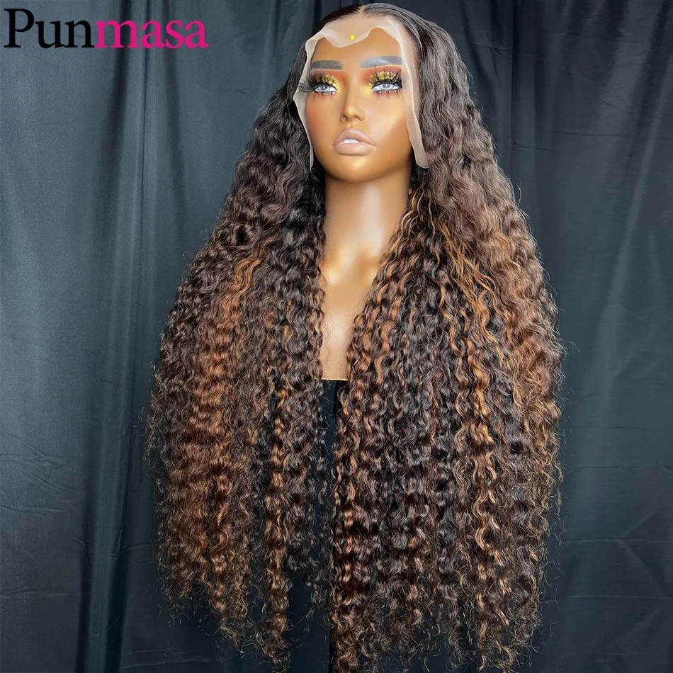 32 34" Highlight Brown 13x6 Deep Curly Lace Frontal Wig Ombre Brown Blonde Glueless 13x4 Transparent Lace Front Human Hair Wigs