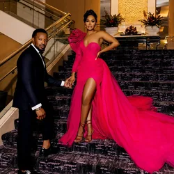 Fuchsia Asymmetrical Tulle Long Evening Dresses With Detachable Train One Shoulder Sexy African Party Dresses Aso Ebi Gowns