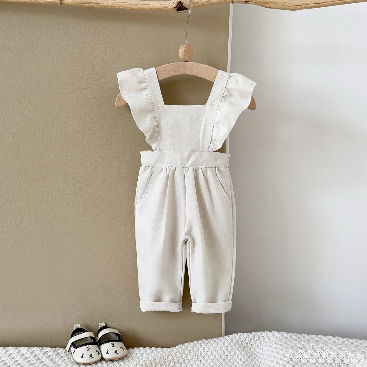 Summer Baby Clothing Ruffled Edges Beige Shoulder Straps Long Pants Comfortable Casual Clothing Infants Children Going Out