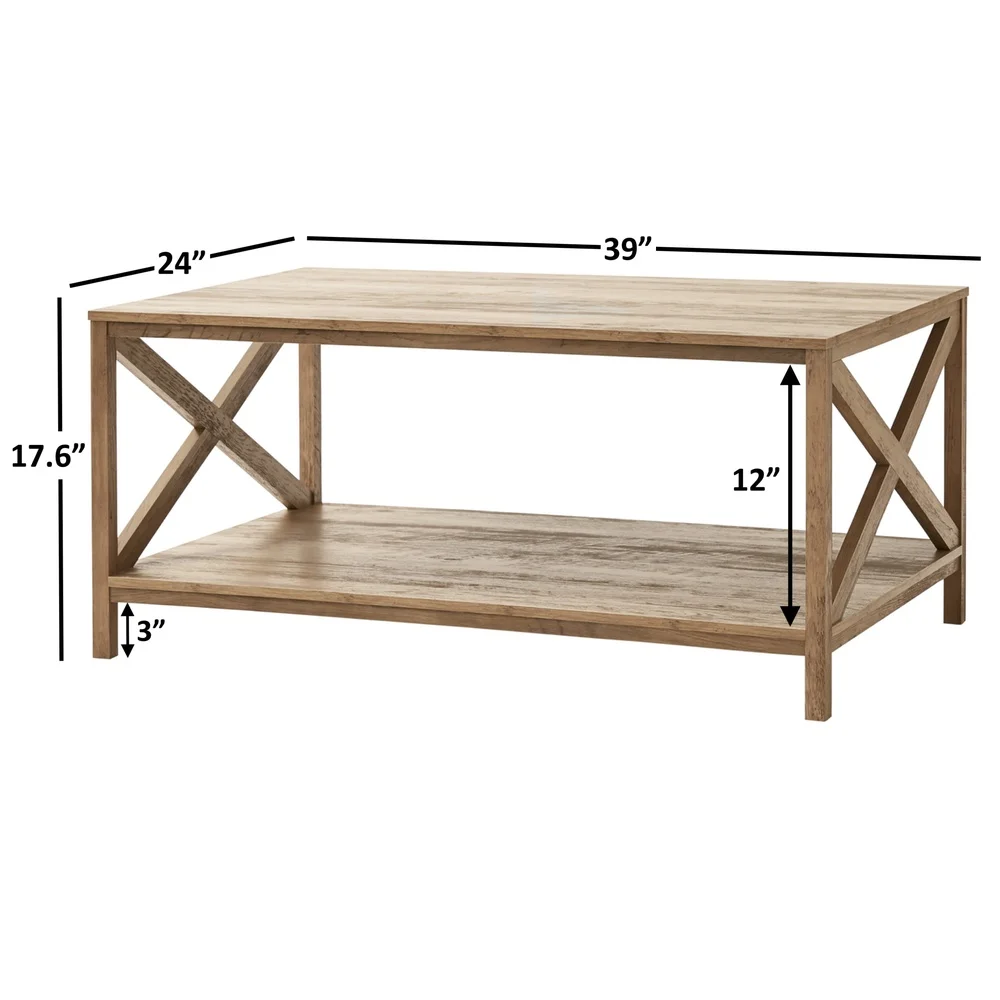 Rustic Farmhouse Rectangle Coffee Table with Storage Shelf X-Brace Design Supports 100lbs Weathered Oak Finish Indoor Use