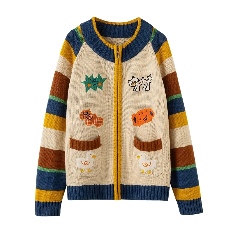 

Корейский милый трикотаж, зимний свободный джемпер, Harajuku, вязаный кардиган с героями мультфильмов, женский японский полосатый лоскутный свитер, верхняя одежда