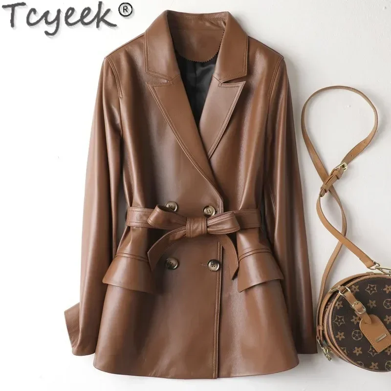 Tcyeek Genuine Leather Jackets for Women Real Sheepskin Coats Autumn Clothes Women's Suit Jacket Belt Jaqueta De Couro 2025