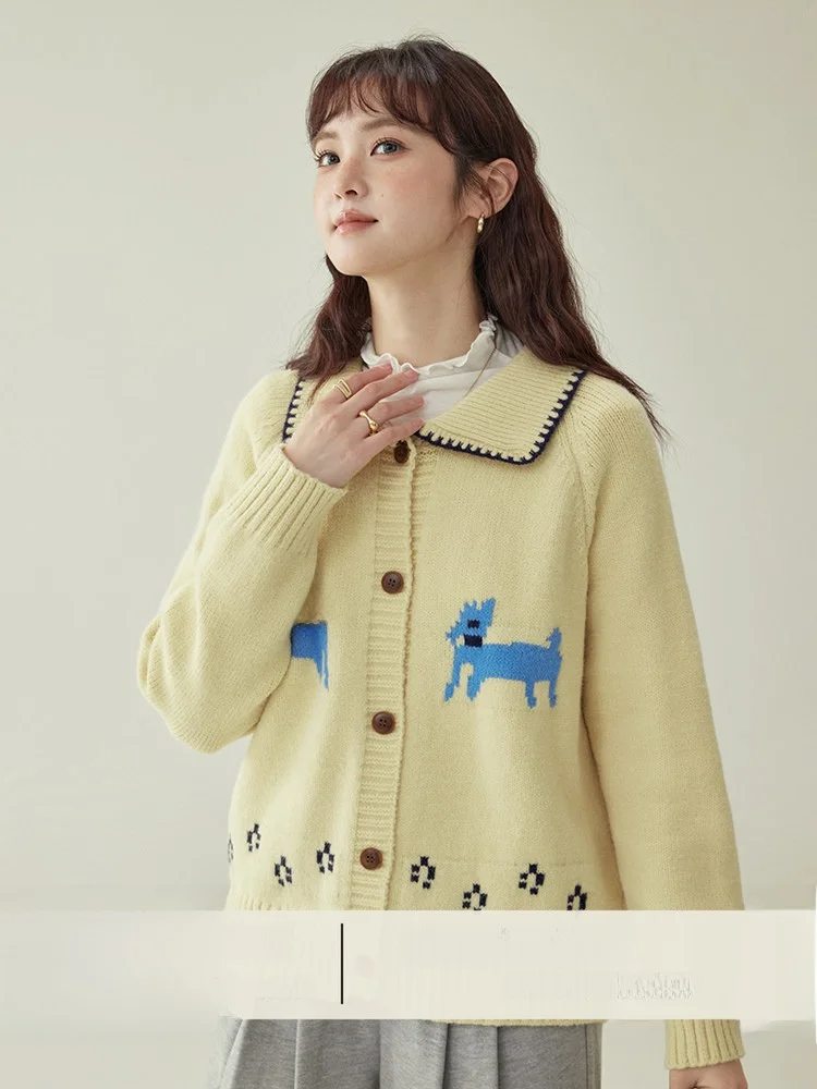 

AMUU North Island Cute Embroidered Lapel Button Sweater Cardigan Women's Winter New Gentle Long Sve Top Commute Sle Loos...