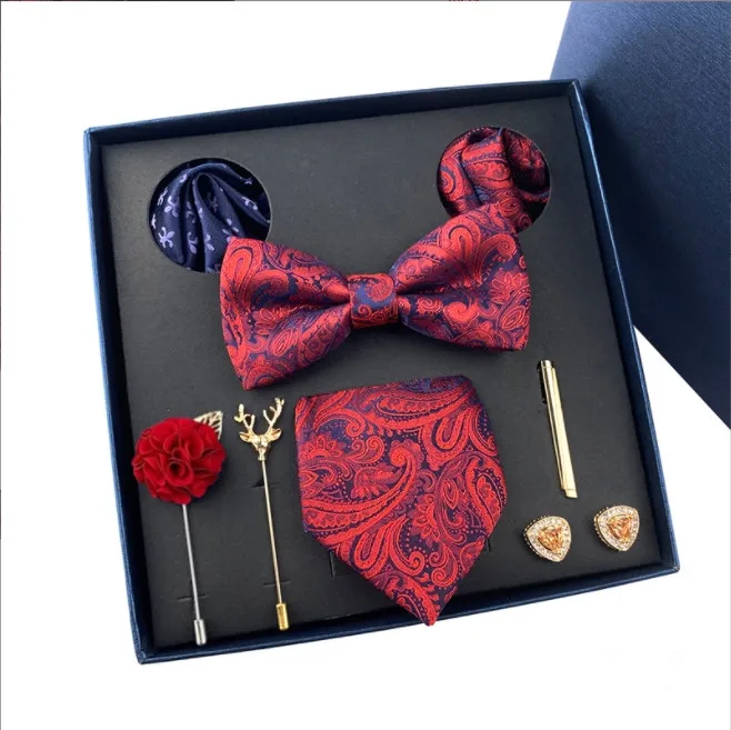 GUSLESON New Design High Quality Luxury Silk Print Tie Eight Piece Set with Gift Box Wedding Party Men Gift