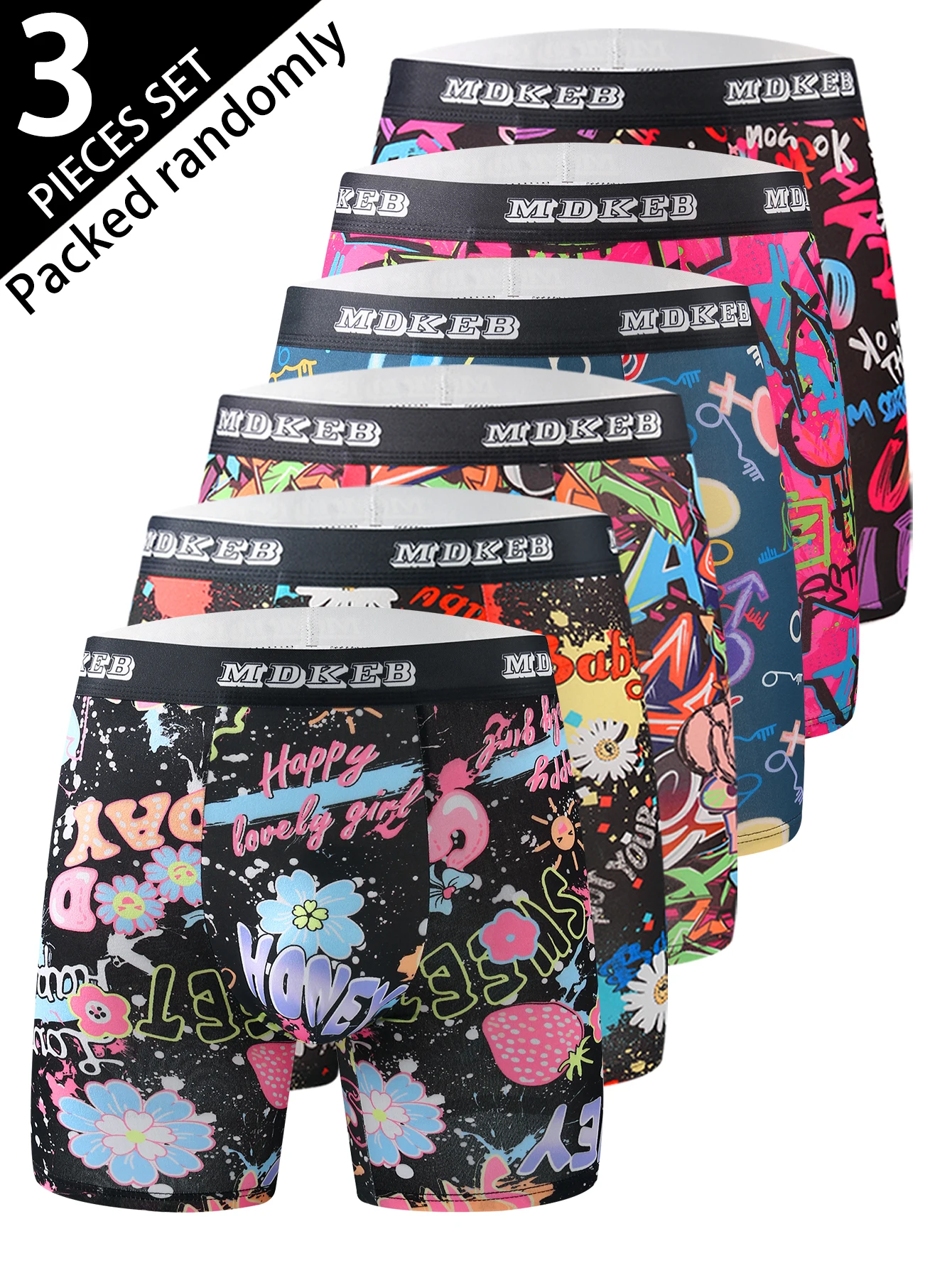 Dreiteilige lange Herren-Boxershorts mit Graffiti-Muster, atmungsaktive und bequeme, hochelastische lange Boxershorts, Boxen