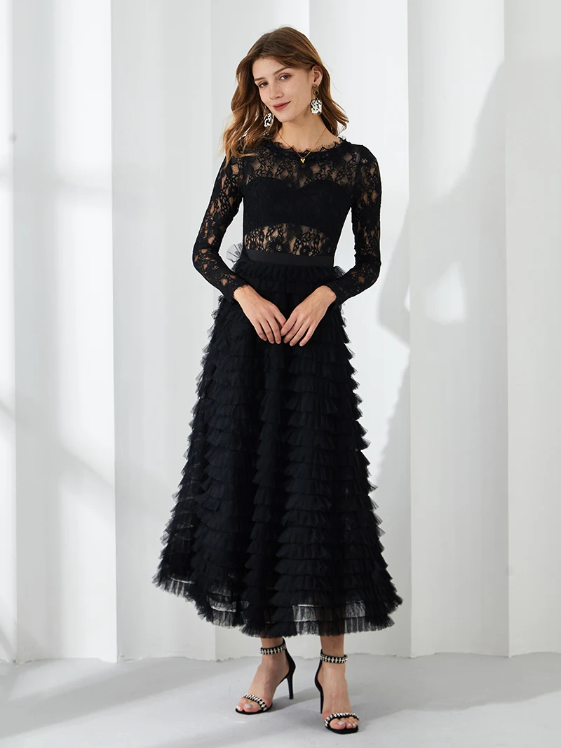 F&C Elegant Two Piece Skirt Set Women Lace Sleeve Sexy Long Skirt 2 Piece Set Black White Ruffle Evening Dresses Sets For Women