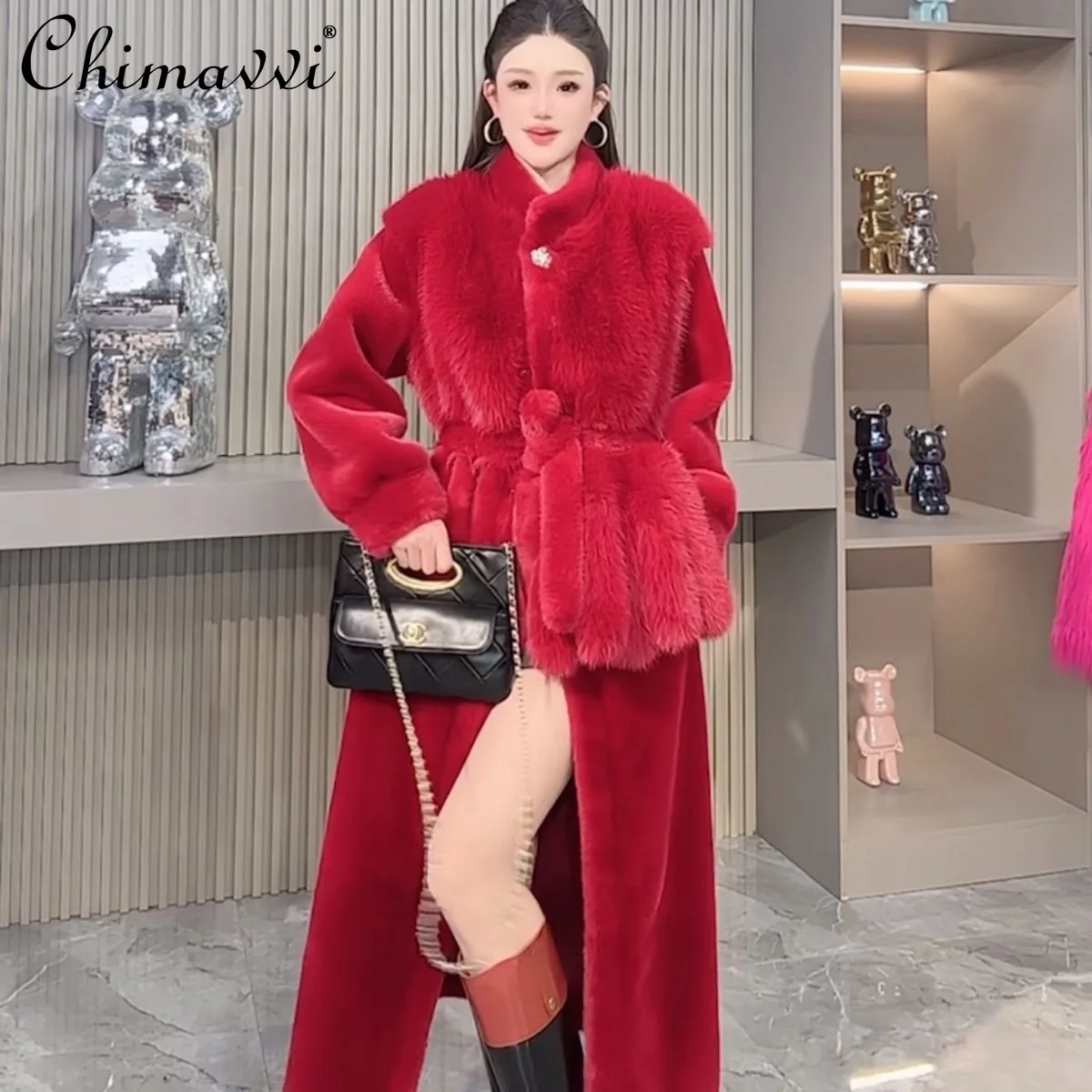 2025 ملابس الشتاء الجديدة الراقية الموضة الوقوف طوق كم طويل معطف الفرو ضوء الفاخرة الدافئة المرأة طويلة فو سترات من الفرو #1