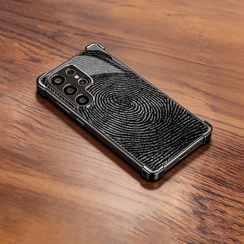 Fingerprint black wood grain Phone case Glass phone case  for Samsung GalaxyS26 S25 24 23 22 Plus/Ultra/FE shockproof back cover