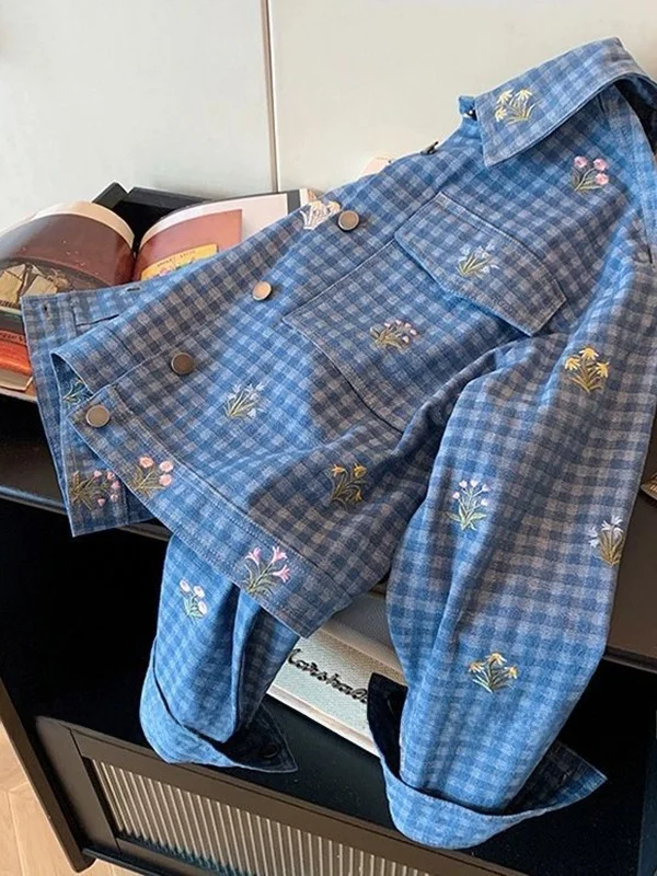 

Джинсовая куртка больших размеров с вышивкой в клетку и цветочным узором, с воротником, для женщин, весна-осень, из хлопка и полиэстера